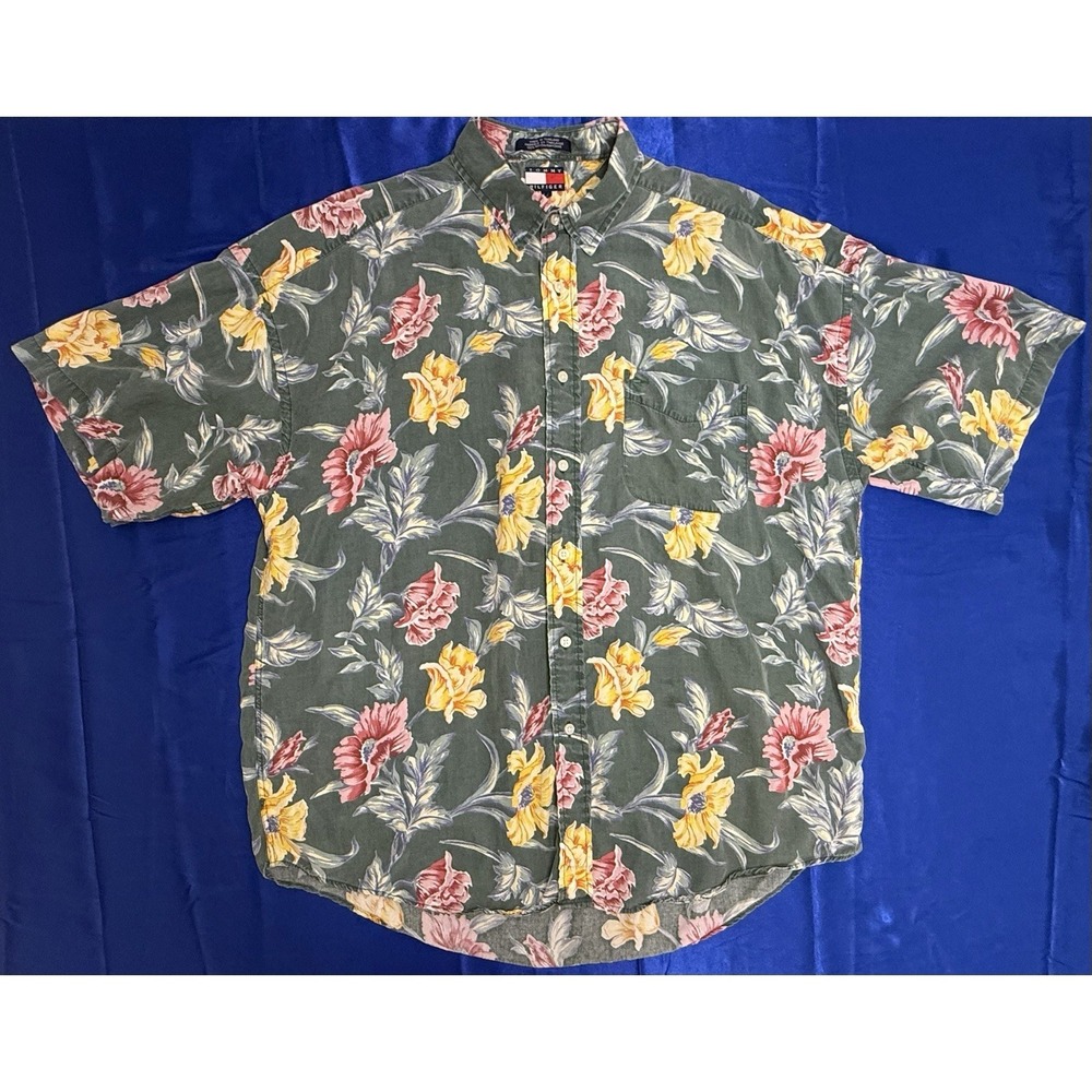 Vintage 90s Tommy Hilfiger Green Floral Hawaiian Shirt Men's - Large L -Vacation